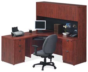 Extended corner file/file pedestal credenza with return and pedestal and hutch with wood doors