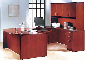 Contemporary collection bow front "U" desk with wood door hutch.