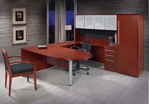 Contemporary collection bullet table "U" desk with silver trimmed door hutch and storage/wardrobe cabinet. 