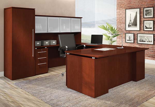 Copacabana collection executive "U" workstation featuring the floating desk top, aluminum frammed smoked glass door hutch and wardrobe cabinet.