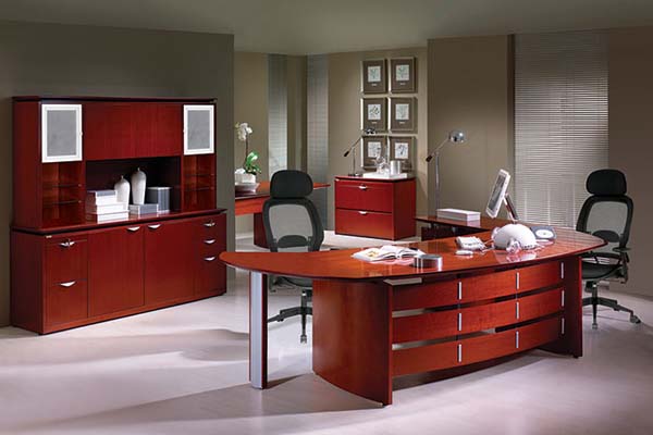 Copacabana collection executive "U" workstation featuring the floating desk top, aluminum frammed smoked glass door hutch and wardrobe cabinet. 