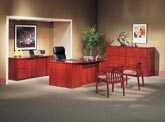 chambers contemporary veneer bow front desk, storage credenza and 3 drawer lateral files