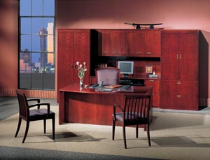 Chambers bow front executive desk with computer credenza, storage hutch, wardrobe cabinet and two drawer lateral file storage cabinet suite collection shown in Medium Cherry.