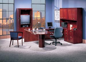 Peninsula "U" desk with right double pedestal credenza with storage hutch and audio/visual cabinet. 