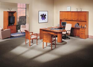 Peninsula "U" desk with single pedestal credenza with storage hutch and two drawer lateral file audio/visual cabinet