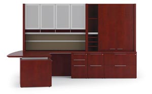 Executive "L" desk with multi-file enhanced upper storage cabinet and enhanced upper bookcase hutch with Aluma doors and tackboard