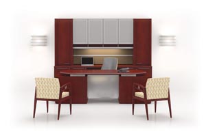 Fuse Desk and Credenza shown in Columbian Walnut with Shark edge and Shark pull in Matte Chrome