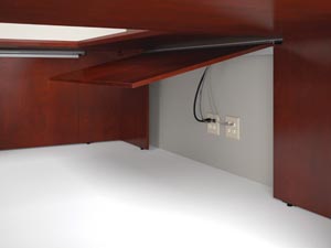 hinged modesty panel allows easy access to wall outlets and wire management