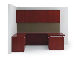 Fuse "U" desk with r ectangular desktop, hanging cabinet with wood doors, tackboards and knife edge