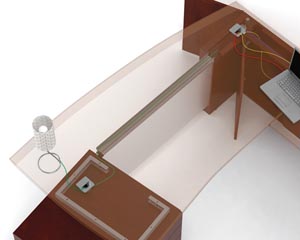 Routing Wires Through Kneespaces concealed channel incorporated into the Pivoting Modesty Panel support bracket carries wires horizontally across the kneespaces of desks, bridges, returns, credenzas and conference extensions