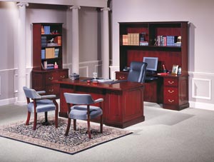 Executive double pedestal desk, computer credenza with open hutch and a 2 drawer lateral file with bookcase hutch.