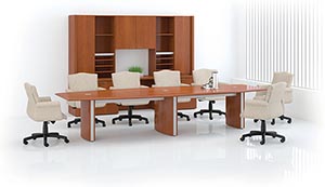 Boat shaped conference table with wall unit. 