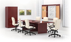 Rectangular conference table, lateral file storage cabinet and presentation cabinet. 