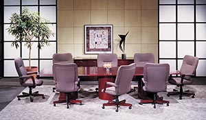 Rectangular conference table with round bases and buffet cabinet. 