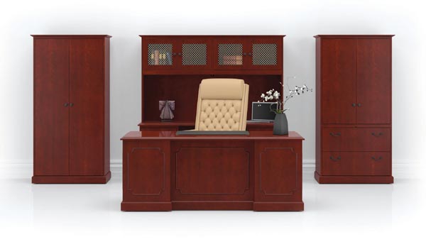 Coronado Executive Desk, Credenza, Upper Bookcase and Storage Units shown in Light Cherry with TD pulls in Matte Black