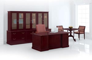 Coronado Conference Desk, Modular Storage Units and Executive Round Table shown in Mahogany on Cherry with PE pulls in Antique English Brass