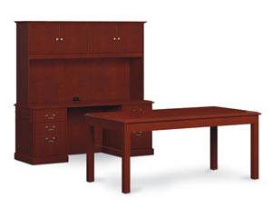Executive Table Desk, Kneespace Credenza and Upper Bookcase