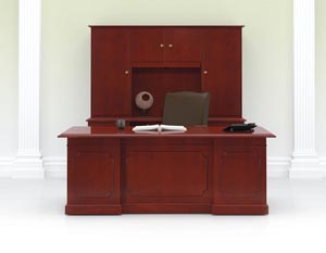 Coronado Executive Desk, Credenza and Upper Bookcase shown in Light Cherry with CL pulls in Antique English Brass