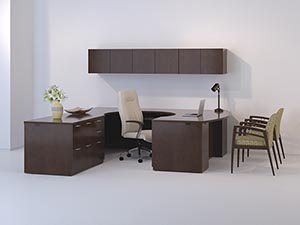 Executive bow front "U" cockpit desk with a combo file and hanging overhead door storage cabinet. 