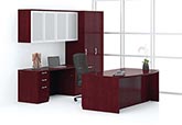 Contemporary bow front desk, credenza, storage cabinet and overhead storage with aluminum and frosted panel doors