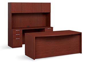 Bow top executive double pedestal desk with computer credenza with storage hutch. 