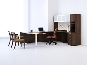 P-Top Conference Extension in U-unit shown in Columbian Walnut laminate with Soft edge and Radius pulls