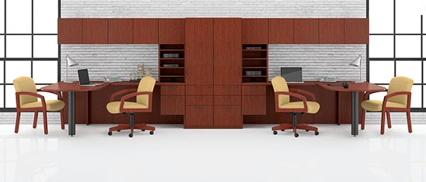 Double "L" desk workstation with vertical pegion hole tower, overhead door storage and a pedestal storage cabinet. 