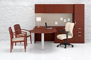 "P" top conference "L" desk with pedestal storage cabinet, wood door storage overhead cabinet and tackboard