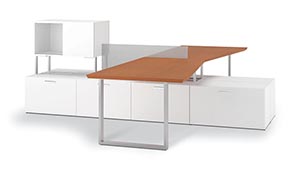 Layered 2 person station in White laminate with Angle edge and Keyhole pulls