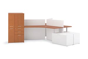 Layered 3 person station in White laminate with Angle edge and Keyhole pulls