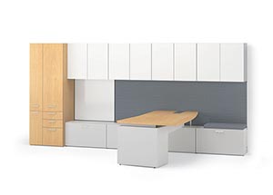 Tall 36" Hanging Bookcases with White Aluma doors, a Personal Pedestal and Markerboard