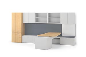 Tall 72" Hanging Bookcases with Platinum laminate doors, a Personal Pedestal and Markerboard