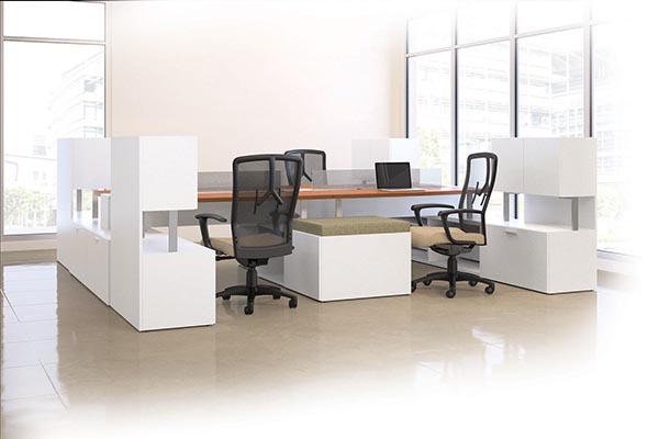 Mingle Layered 4 person station in White laminate with Angle edge and Keyhole pulls