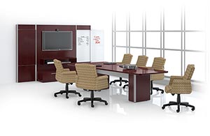 Overture 10' video conference top in NT trim with quarter bullnose edge and coordinating base, shown in Cordovan Cherry