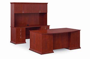 Scallop Bow Top Executive Desk, Kneespace Credenza and Upper Bookcase