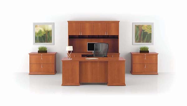 Prominence Executive Desk with Center Drawer, Keyboard Credenza, Upper Bookcase with Organizer and Two-Drawer Lateral Files