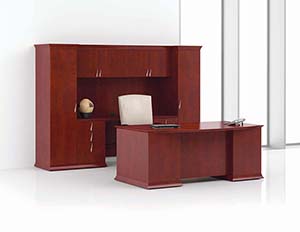 Prominence Scallop Bow Top Executive Desk and Open Credenza/Wardrobe Unit with Upper Bookcase. Angled view