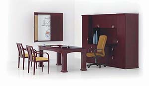 Prominence Scallop Bow Top Executive Table Desk, Closed Credenza/Wardrobe Unit with Upper Bookcase and Presentation Board