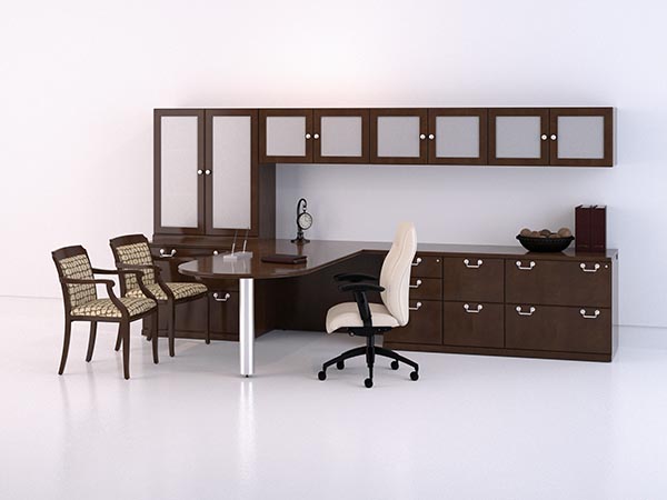 Executive "D" top conference table "L" desk with file drawer pedestal, two lateral pedestal with storage hutch and hanging overhead storage with frosted glass panels.