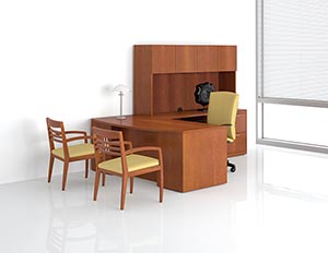 Revival single pedestal desk with bow top, executive height multi-file return and upper bookcase