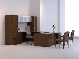 Executive "U" desk with pedestal storage towers, overhead hanging storage cabinet with aluminum doors and frosted panels.