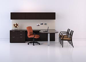 "P" top conference table "L" desk with multi-file and overhead storage with wood doors. 