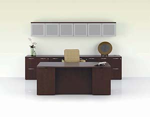 Revolve Executive Bow Top Desk. Lateral File Pedestals, Closed Bookcases, Rectangular Worksurfaces, Hanging Cabinet and Modular Cabinet Top