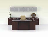 Modern executive bow front desk, file credenza and overhead storage with aluminum frosted panel doors