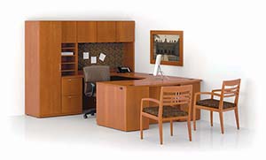 Revolve Executive Task Unit with Bow Top, Single Wardrobe and Upper Bookcases. With Tackboard. Shown in Golden Cherry with Reeded edge and Cable pulls in Matte Chrome